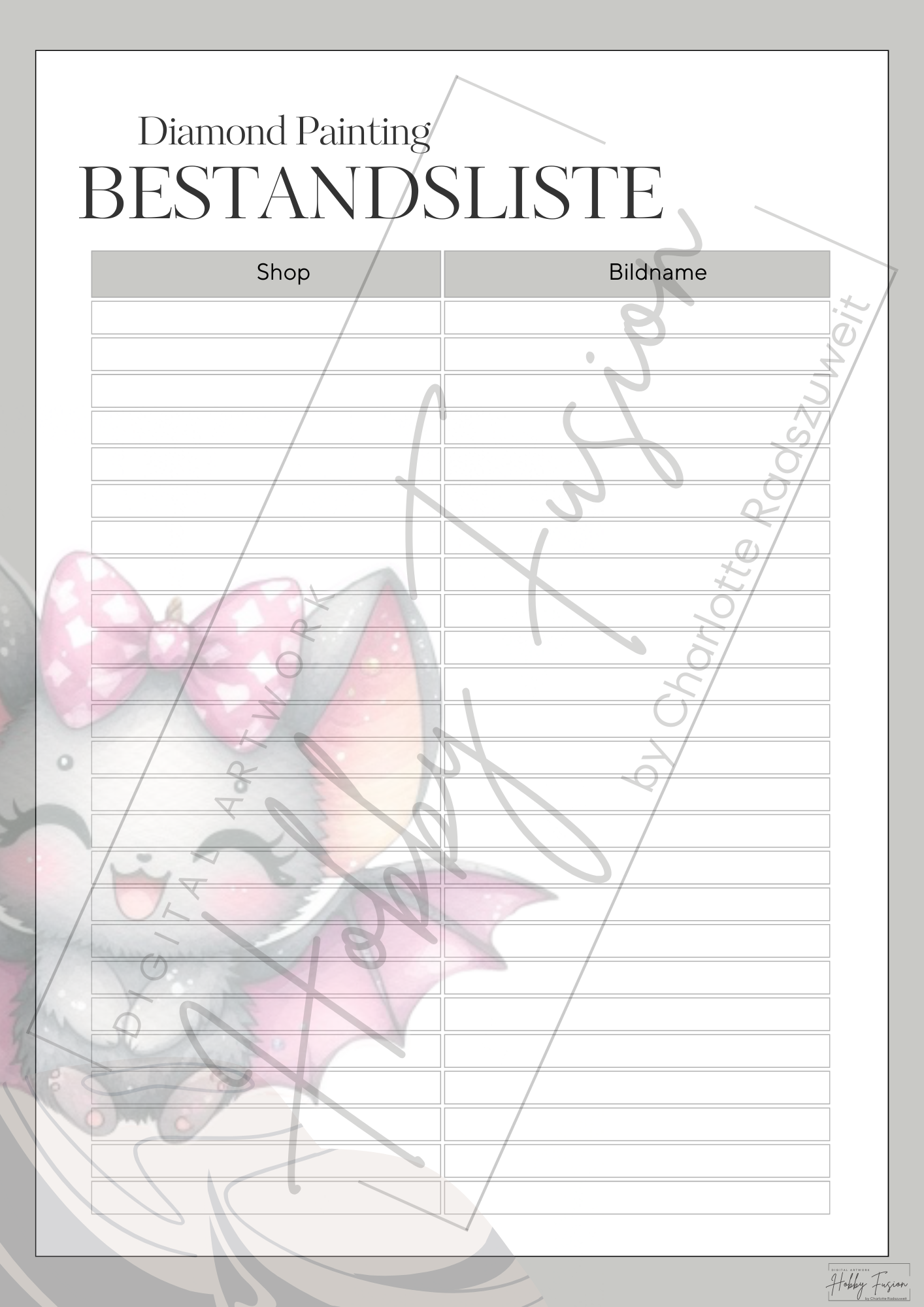Fledermaus Tiki Bestandsliste Vorlage